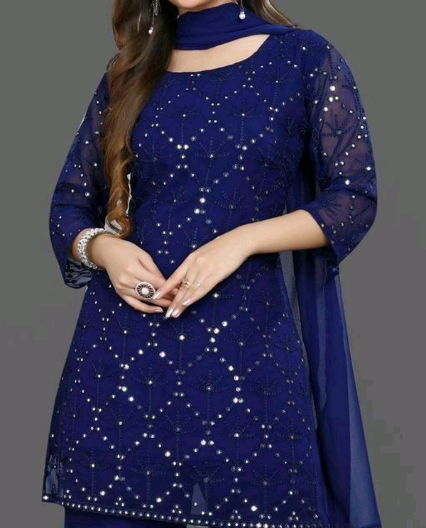 YSS Women's Georgette Sequence Work Kurta Solid Sharara with Dupatta Set - M