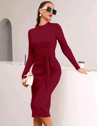 YSS Full Sleeve Round Neck Stretchable Knee Length Trending Western One Piece - S, Maroon
