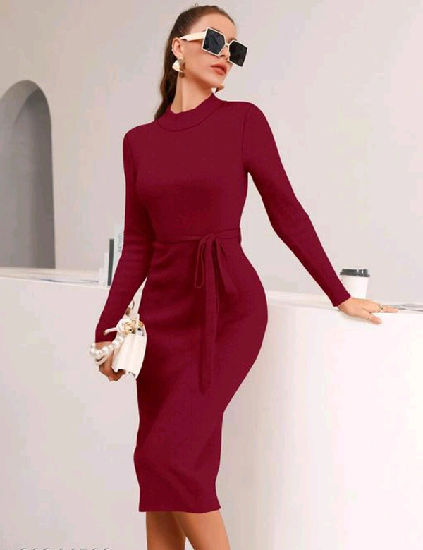 YSS Full Sleeve Round Neck Stretchable Knee Length Trending Western One Piece - S, Maroon