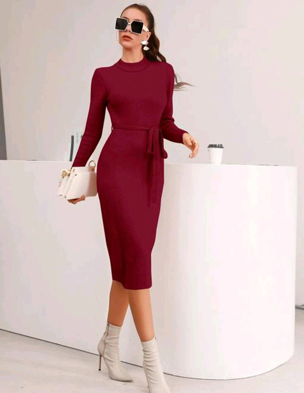 YSS Full Sleeve Round Neck Stretchable Knee Length Trending Western One Piece - L, Maroon