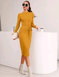 YSS Full Sleeve Round Neck Stretchable Knee Length Trending Western One Piece - XS, Red