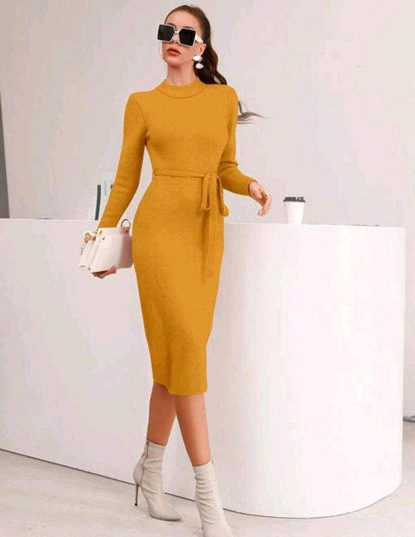 YSS Full Sleeve Round Neck Stretchable Knee Length Trending Western One Piece - XS, Web Orange