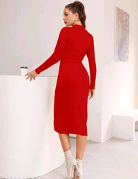 YSS Full Sleeve Round Neck Stretchable Knee Length Trending Western One Piece - S, Red