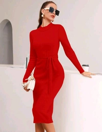 YSS Full Sleeve Round Neck Stretchable Knee Length Trending Western One Piece - M, Red