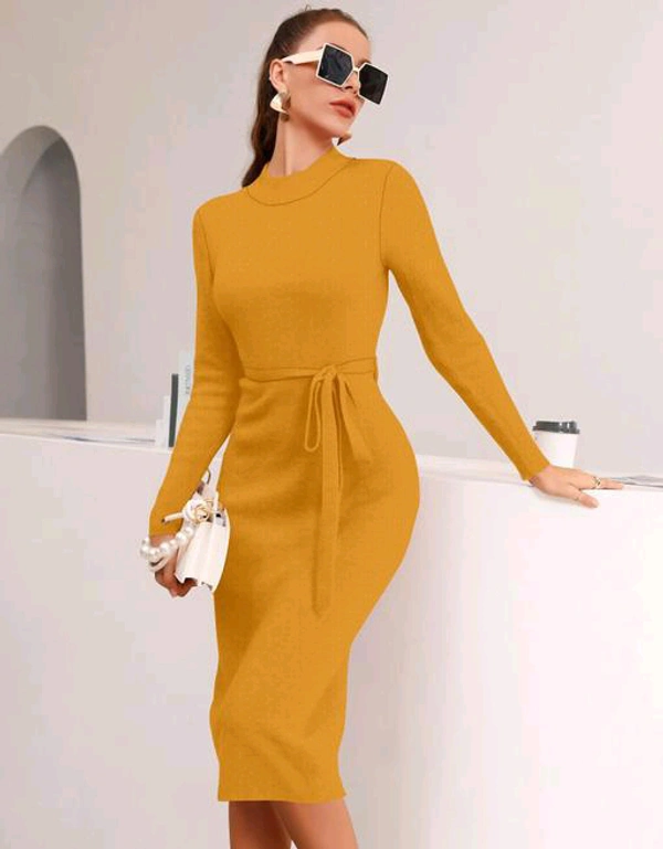 YSS Full Sleeve Round Neck Stretchable Knee Length Trending Western One Piece - M, Web Orange
