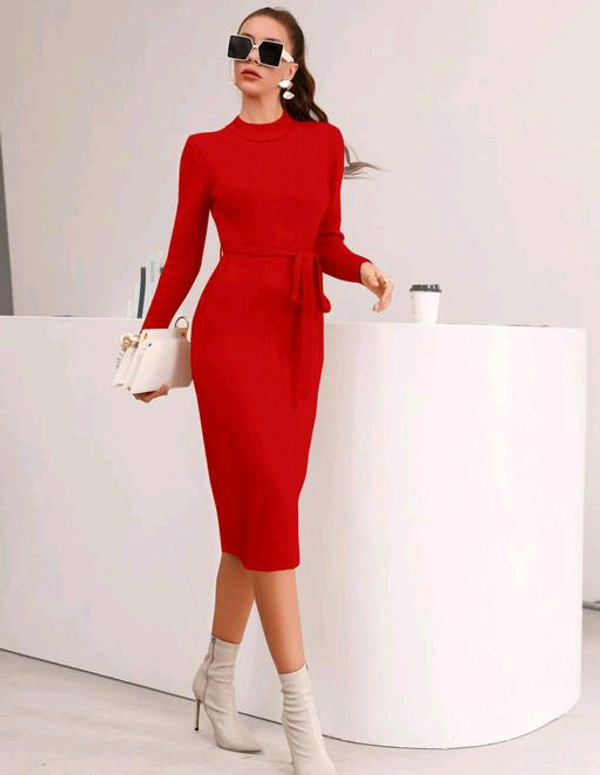 YSS Full Sleeve Round Neck Stretchable Knee Length Trending Western One Piece - L, Red
