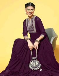 YSS Yoke Embroidered Tiered Georgette Ethnic Dress  - S