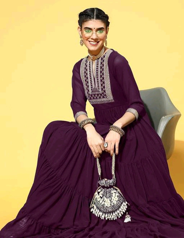 YSS Yoke Embroidered Tiered Georgette Ethnic Dress  - S