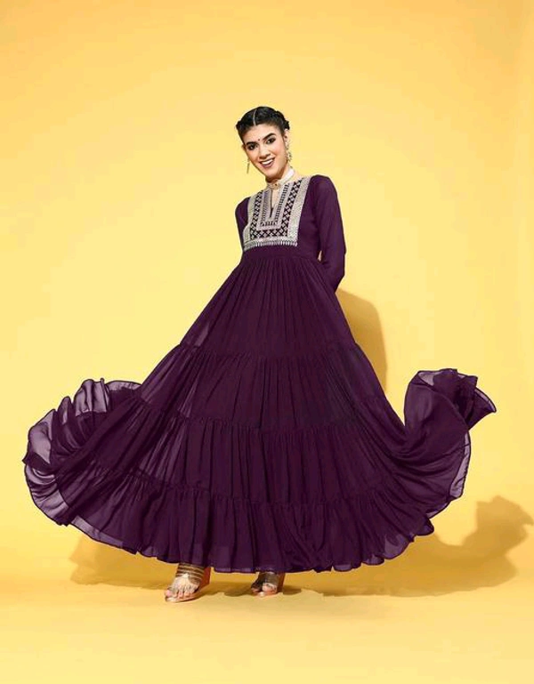 YSS Yoke Embroidered Tiered Georgette Ethnic Dress  - M