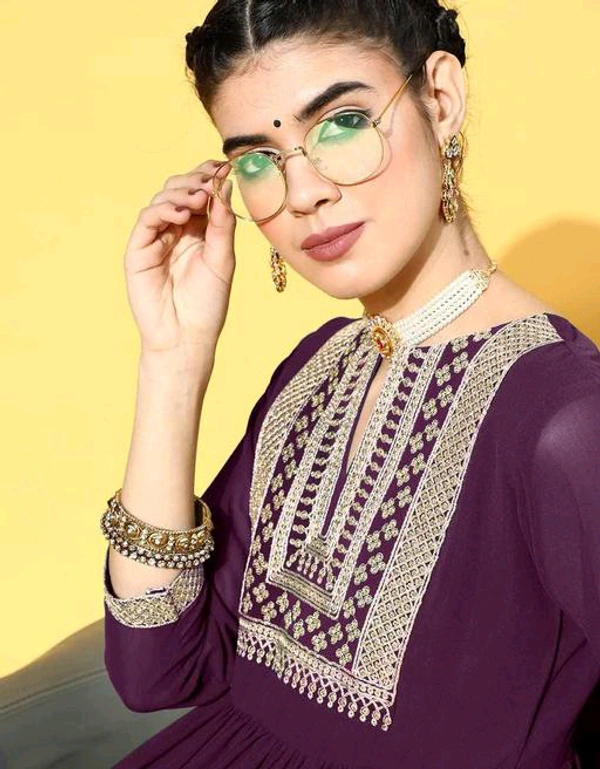 YSS Yoke Embroidered Tiered Georgette Ethnic Dress  - L