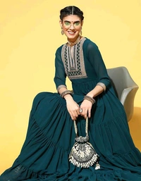 YSS Yoke Embroidered Tiered Georgette Ethnic Dress  - M