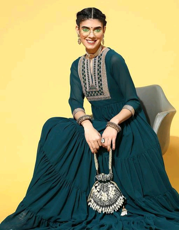 YSS Yoke Embroidered Tiered Georgette Ethnic Dress  - M