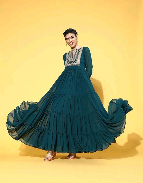 YSS Yoke Embroidered Tiered Georgette Ethnic Dress  - XL