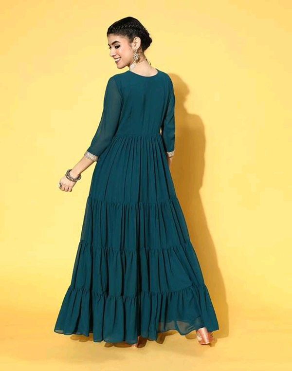 YSS Yoke Embroidered Tiered Georgette Ethnic Dress  - XL