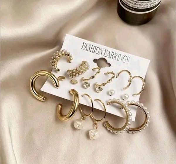 Combo Of 9 Pair Stunning Gold Plated Pearl Hoop,  Tiny and Studs Earrings for Women & Girls
Name: Combo Of 9 Pair Stunning Gold Plated Pearl Hoop,  Tiny and Studs Earrings for Women & Girls
Base Metal: Alloy
