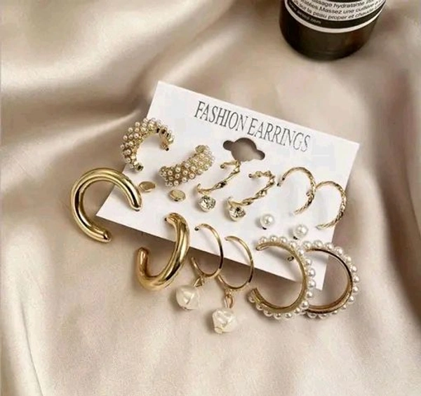 Combo Of 9 Pair Stunning Gold Plated Pearl Hoop,  Tiny and Studs Earrings for Women & Girls
Name: Combo Of 9 Pair Stunning Gold Plated Pearl Hoop,  Tiny and Studs Earrings for Women & Girls
Base Metal: Alloy
