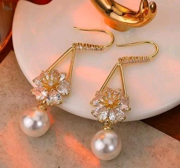 White Pearls Ad Stone Drop Flower Earrings For Women Floral Earrings For Women Korean Earrings Fashion Earring Light