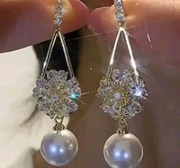 White Pearls Ad Stone Drop Flower Earrings For Women Floral Earrings For Women Korean Earrings Fashion Earring Light