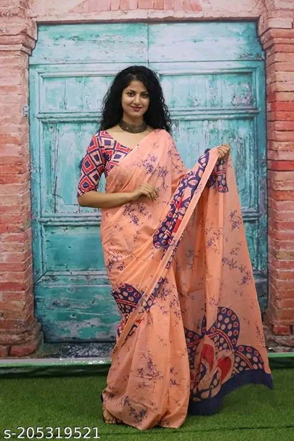 Jaipuri Hand Block Printed Soft Cotton Mulmul Saree ,Sanganeri Cotton Malmal Saree, Bagru Cotton Saree, Batic / Batik Print Cotton saree In Super Fine 92*80 Fabric Quality With Attached Blouse Piece for Woman

