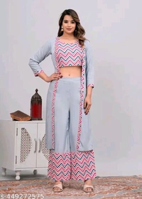 Rayon Women crop top with jacket and palazzo set
Name: Rayon Women crop top with jacket and palazzo set

Sleeve Length: Three-Quarter Sleeves
Sizes: 
XS (Bottom Waist Size: 24 in, Bottom Length S - S