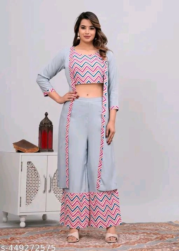Rayon Women crop top with jacket and palazzo set
Name: Rayon Women crop top with jacket and palazzo set

Sleeve Length: Three-Quarter Sleeves
Sizes: 
XS (Bottom Waist Size: 24 in, Bottom Length 