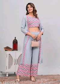 Rayon Women crop top with jacket and palazzo set
Name: Rayon Women crop top with jacket and palazzo set

Sleeve Length: Three-Quarter Sleeves
Sizes: 
XS (Bottom Waist Size: 24 in, Bottom Length 